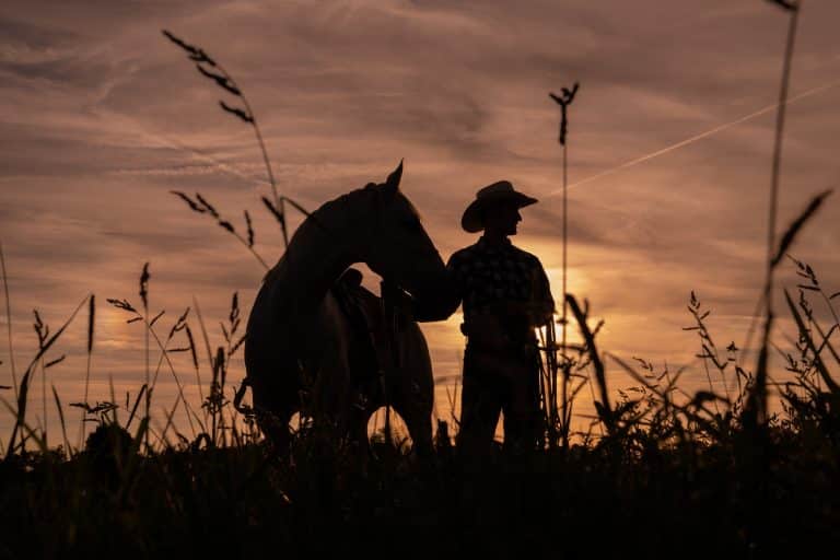 Silhouette of a horse trainer with a horse beneath a dramatic Kentucky sunset sky